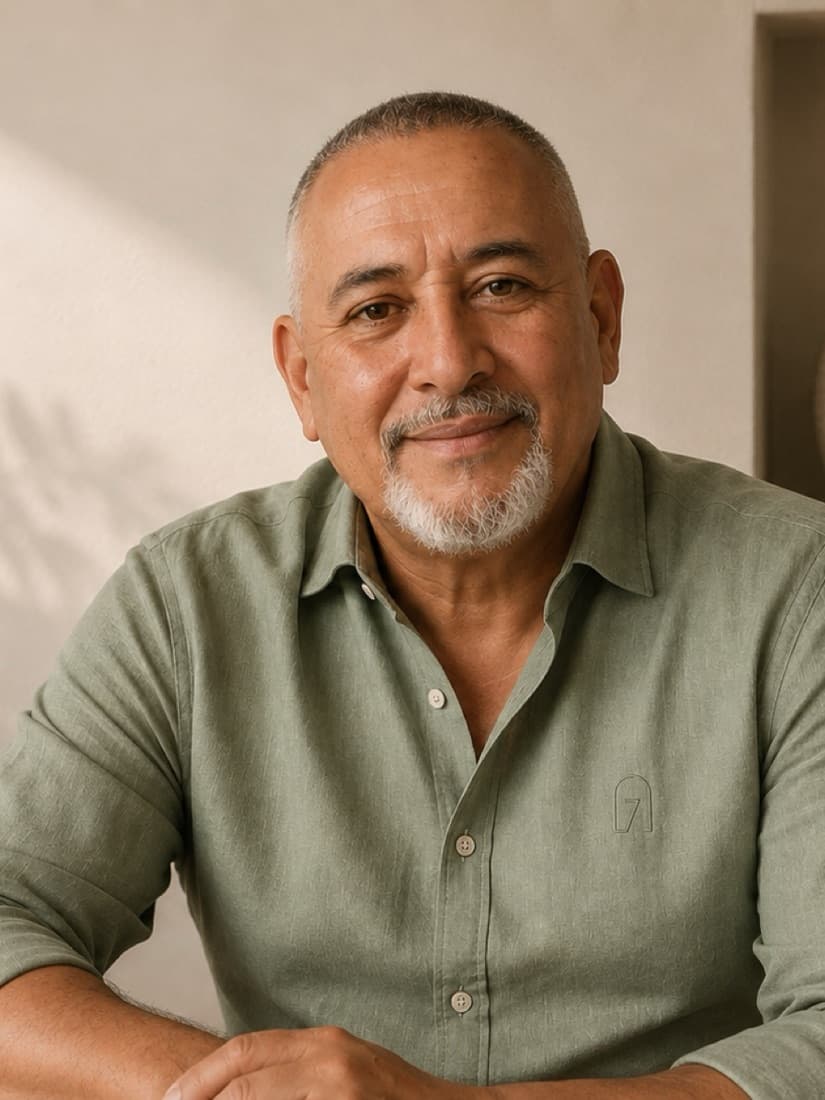 Retrato de Carlos Seven, tarotista y astrólogo de Casa Siete, en su espacio de consulta